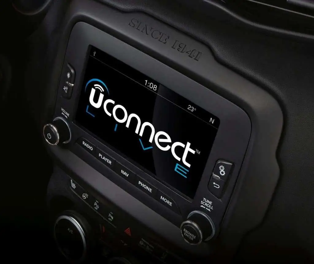 Jeep Uconnect infotainment touchscreen startup display with radio and navigation controls
