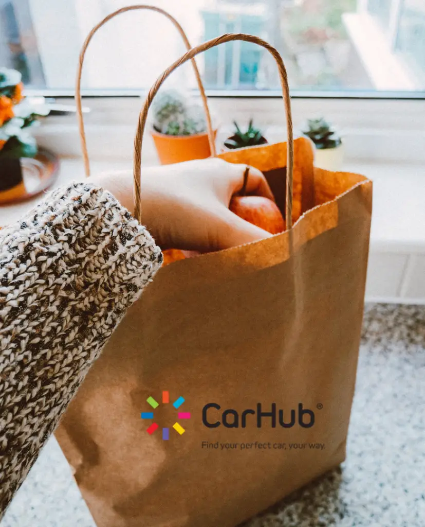 Woman carrying grocery bag, CarHub find your perfect car your way branding