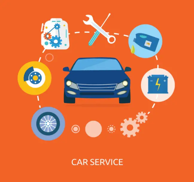 Car service icon illustration with maintenance, oil, battery, brake, and tire icons