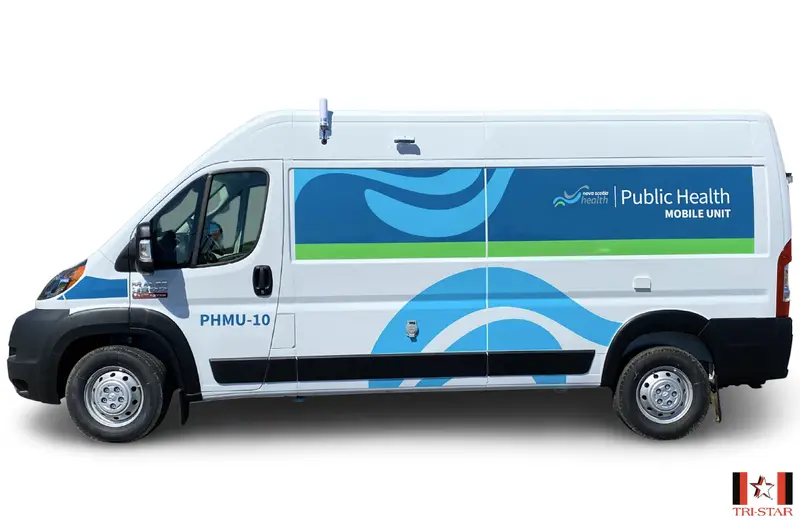 Side profile of Ram ProMaster Public Health Mobile Unit van, PHMU-10, with blue wave graphics