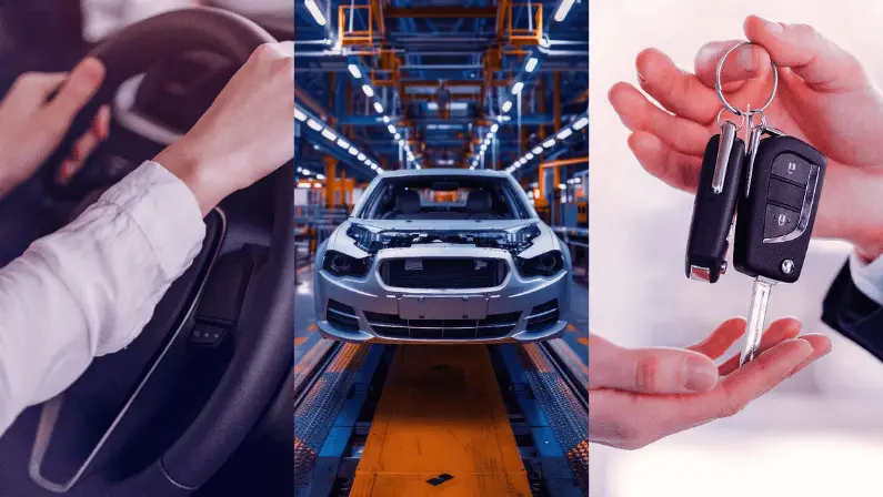 Three-panel car buying journey collage showing a hand on a steering wheel, a vehicle on an automotive assembly line, and car keys being handed over at a dealership