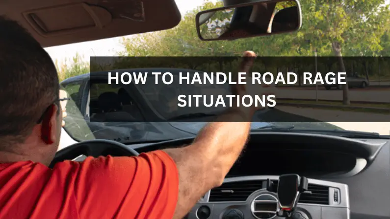 Frustrated driver in red shirt gesturing angrily from behind the wheel, illustrating how to handle road rage situations safely