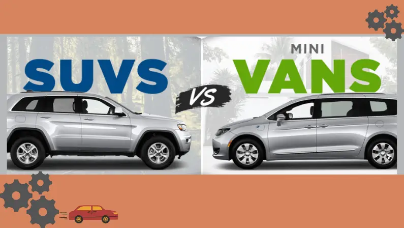 Comparison graphic of silver SUV versus minivan with "SUVs vs Mini Vans" text and mechanic icons