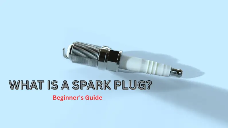 Spark plug on light blue background with beginner's guide title - what is a spark plug