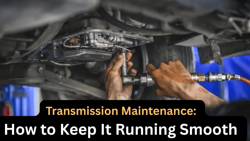 Mechanic removing transmission pan bolt with title text on transmission maintenance tips