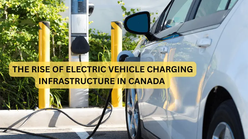 A white car charging at a station between yellow safety bollards, with the overlaid title "The Rise of Electric Vehicle Charging Infrastructure in Canada."
