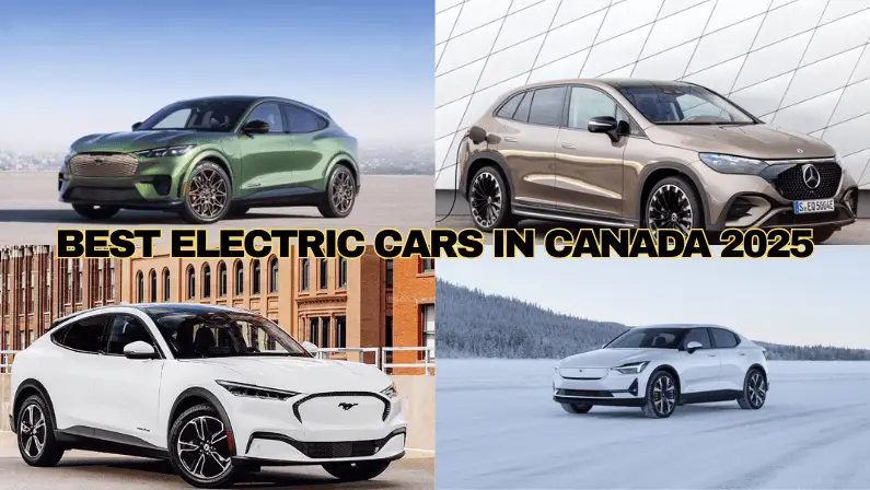 Four-panel collage of top electric vehicles in Canada for 2025, including a Ford Mustang Mach-E, Mercedes EQE SUV, and Polestar 2.