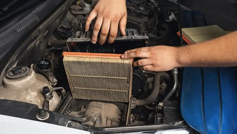 Hands installing a new cabin air filter into a vehicle's HVAC housing under the hood.