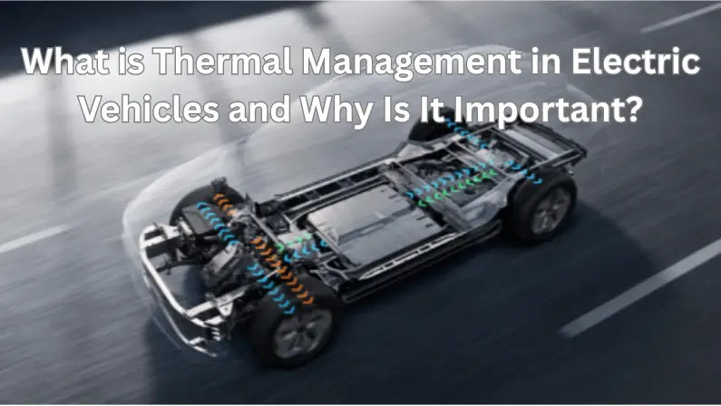 Diagram of an electric vehicle chassis with colored arrows illustrating heat flow through the thermal management system, titled "What is Thermal Management in Electric Vehicles and Why Is It Important?"