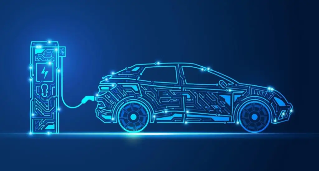 Futuristic blue circuit-board illustration of electric car charging at charging station