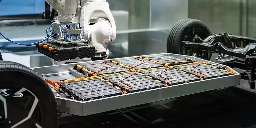 Robotic arm assembling electric vehicle battery pack on car chassis in factory
