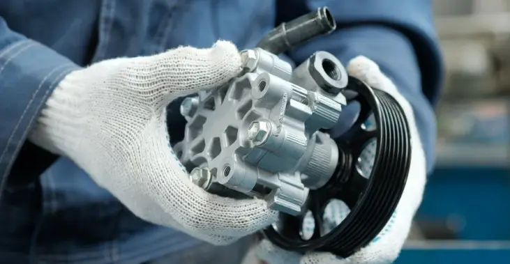 Mechanic holding car power steering pump with pulley and serpentine belt attachment