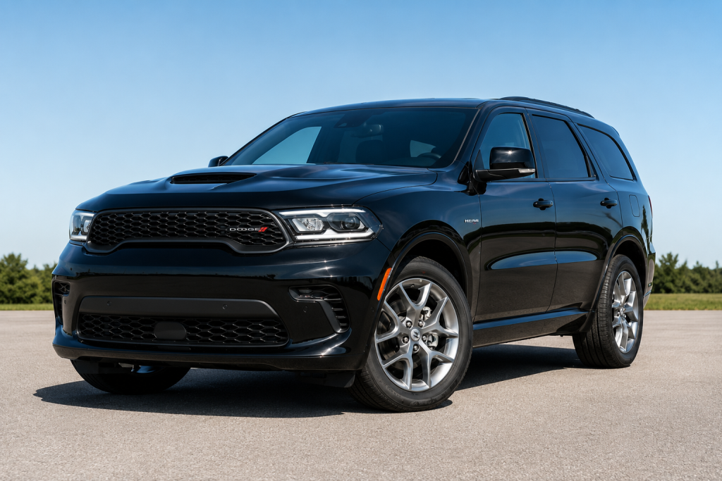 Black 2024 Dodge Durango R/T SUV parked outdoors, front three-quarter view with Hemi badge and chrome wheels