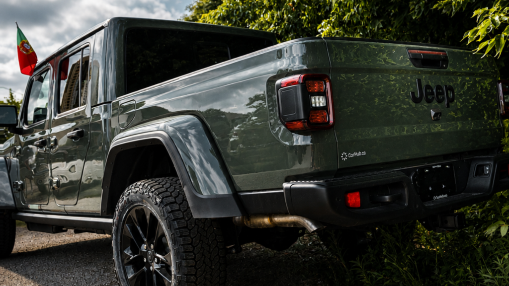 a back shot of the jeep gladiator with world cup Fifa flags on it