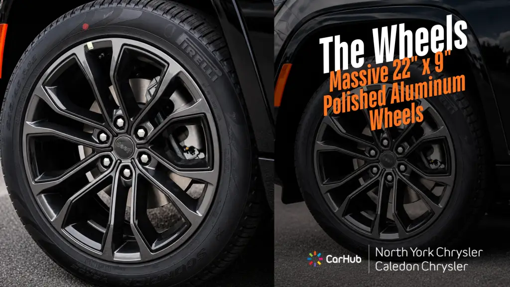 Close-up of Jeep Grand Wagoneer 22-inch polished aluminum wheels paired with Pirelli Scorpion Verde all-season tires.