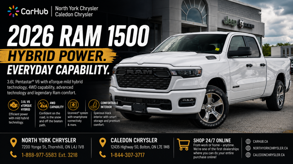 2026 Ram 1500 Bright White 4x4 with 3.6L Pentastar V6 eTorque mild-hybrid technology at CarHub North York Chrysler and Caledon Chrysler, featuring everyday capability, modern technology and 24/7 online vehicle shopping.