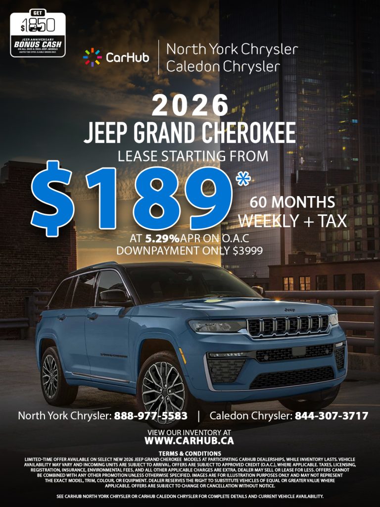 August advertisement for the Jeep grand Cherokee lease starting at $189 on a 60 month weekly plus tax
