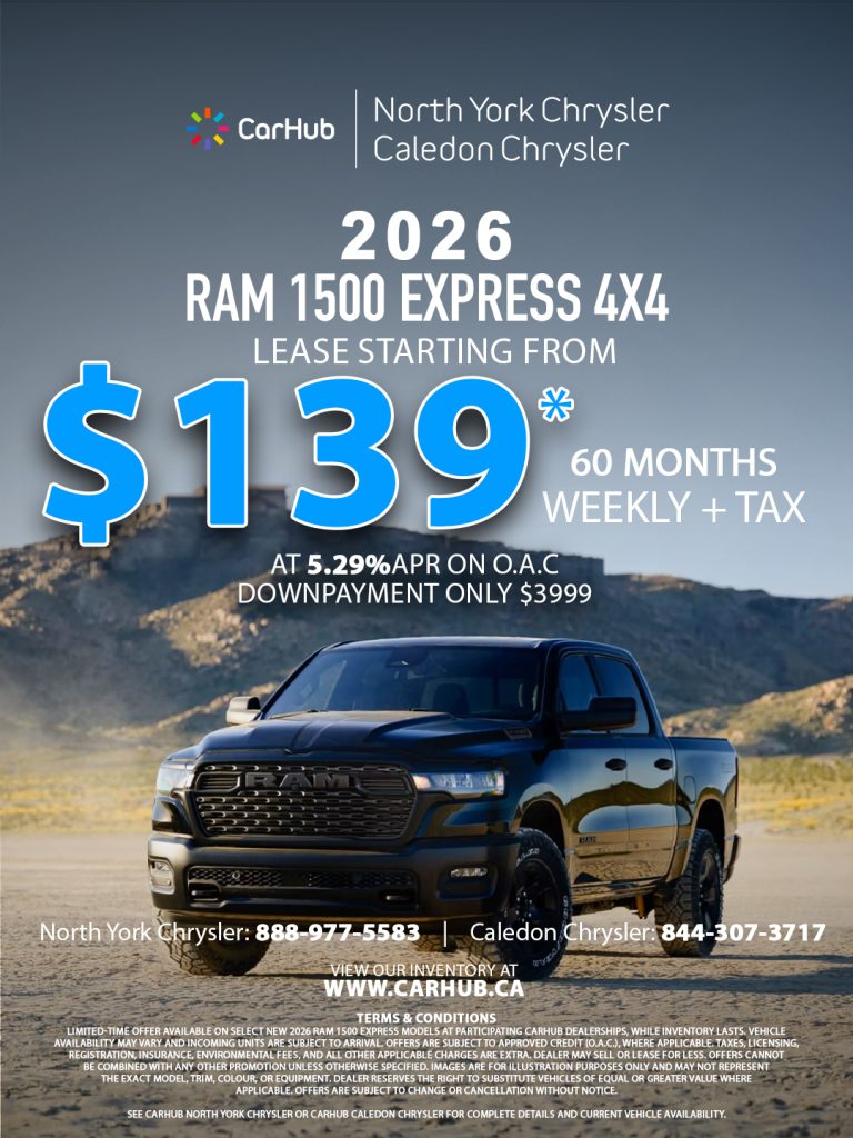 a promotional flyer for our RAM offer for the month of august at our dealerships carhub.ca north york and caledon chrysler