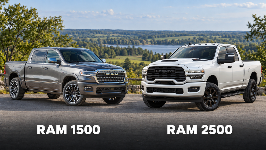 Grey Ram 1500 and white Ram 2500 parked side by side